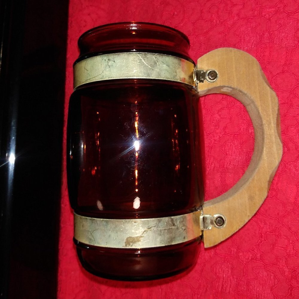 VTG SIESTA WARE Amber GLASS BARREL MUG wood handle